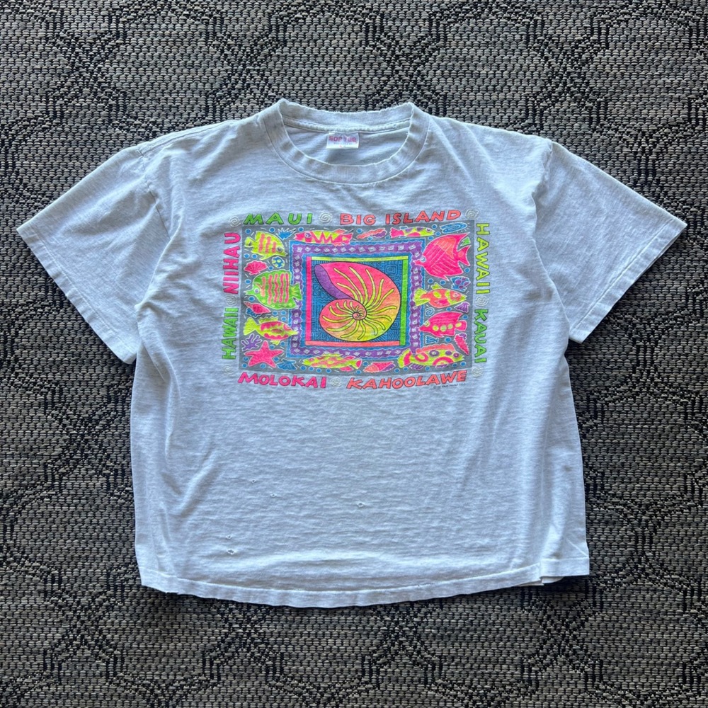 Vintage‎ Hawaii T-Shirt Mens XL Gray Boxy Distressed Neon Destination Maui 90s